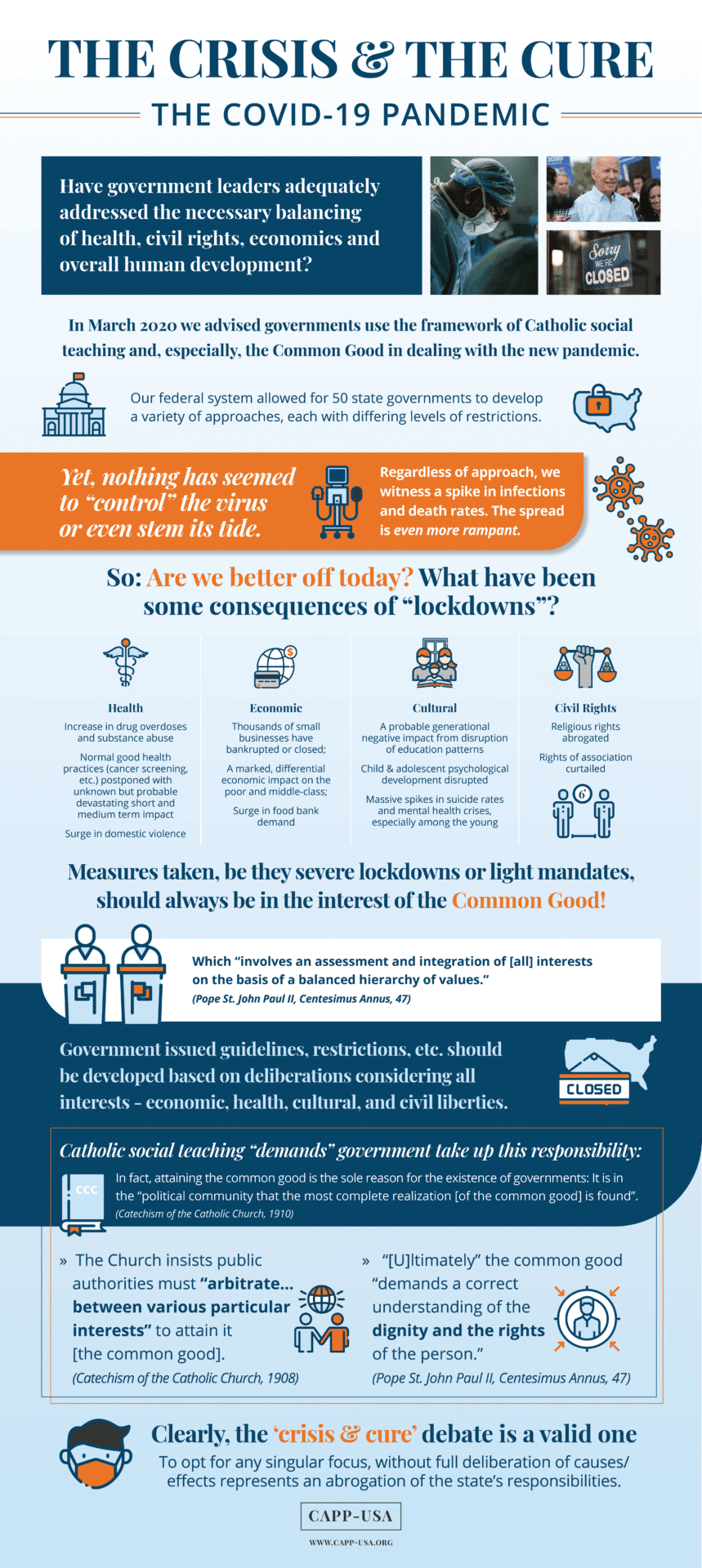 This covid19 infographic evaluates the consequences of our response to the pandemic through the lens of Catholic social teaching.