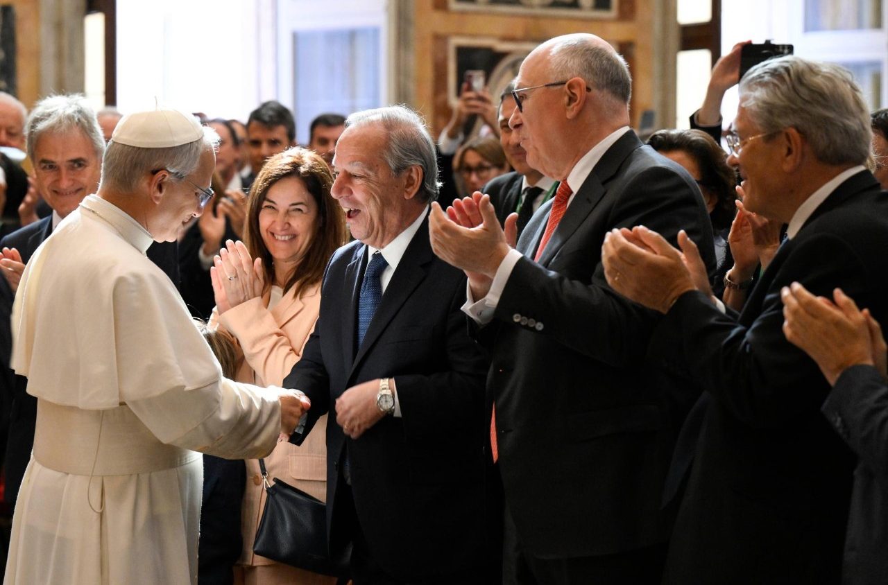 Pope Francis arrives for his audience with members of Centesimus Annus at the Vatican.